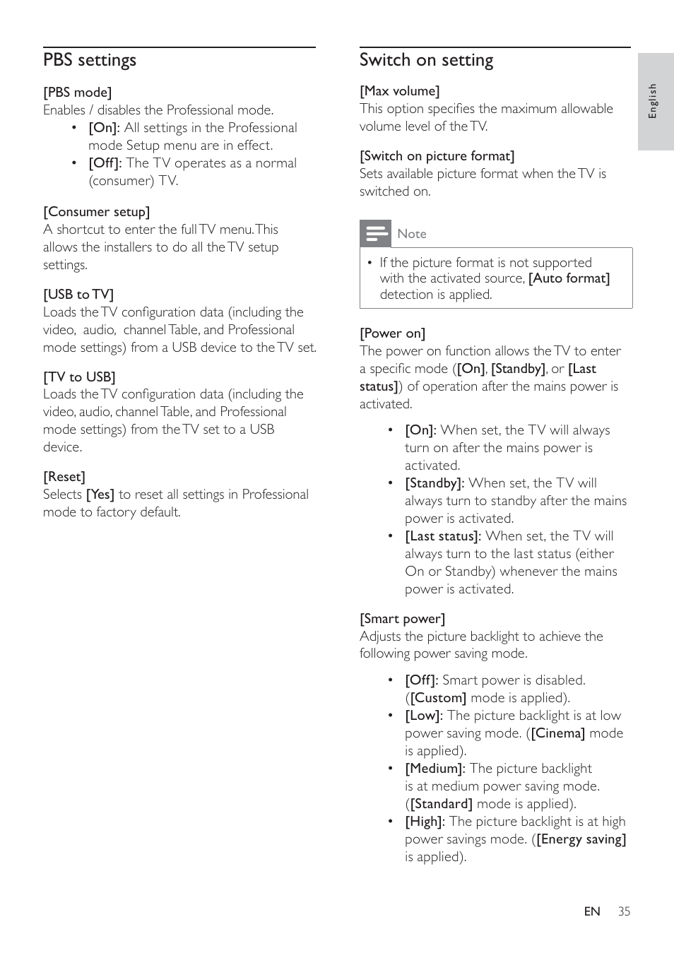 Pbs settings, Switch on setting | Philips 19HFL3232D/10 User Manual | Page 37 / 56