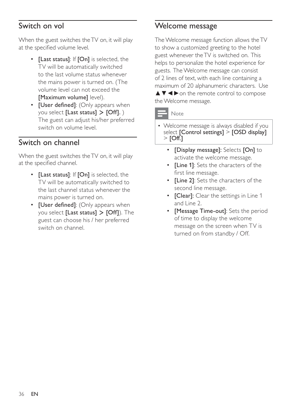 Switch on vol, Switch on channel, Welcome message | Philips 19HFL3232D/10 User Manual | Page 38 / 56