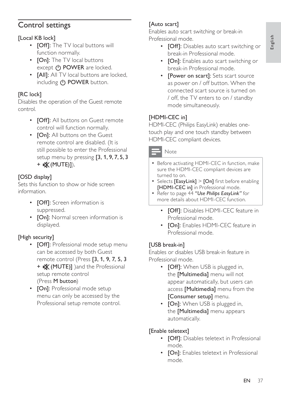 Control settings | Philips 19HFL3232D/10 User Manual | Page 39 / 56