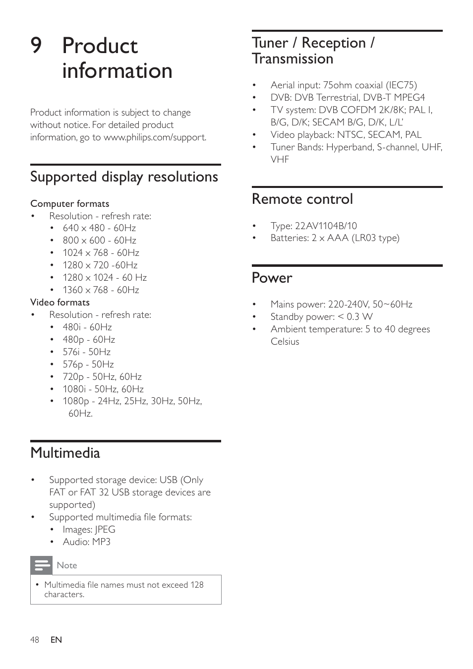 9 product information, Tuner / reception / transmission, Remote control | Power, Supported display resolutions, Multimedia | Philips 19HFL3232D/10 User Manual | Page 50 / 56