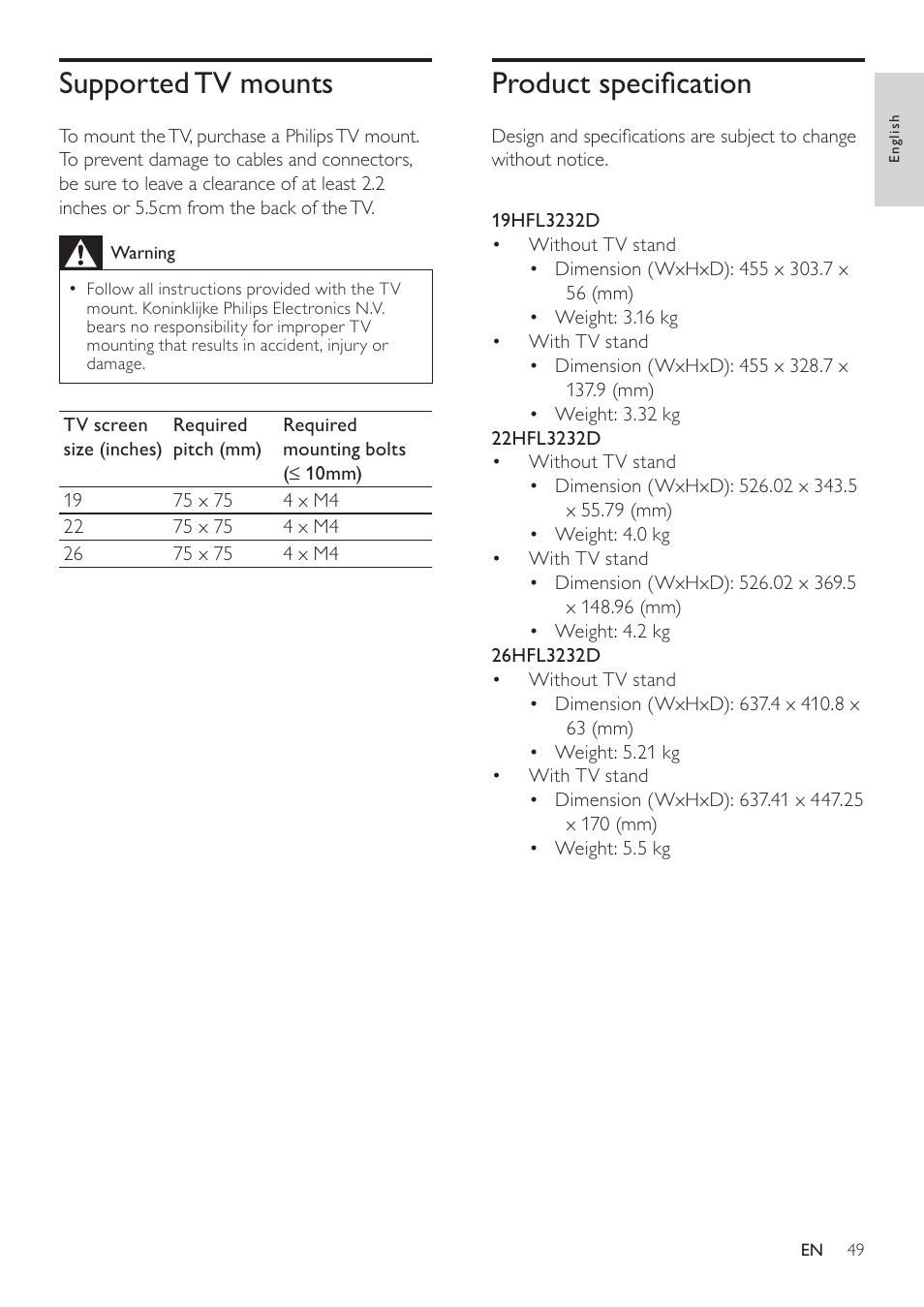 3urgxfw vshflàfdwlrq, Supported tv mounts | Philips 19HFL3232D/10 User Manual | Page 51 / 56