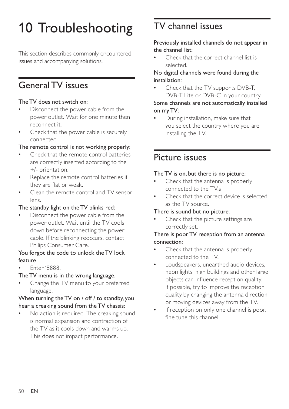 10 troubleshooting, Tv channel issues, Picture issues | General tv issues | Philips 19HFL3232D/10 User Manual | Page 52 / 56