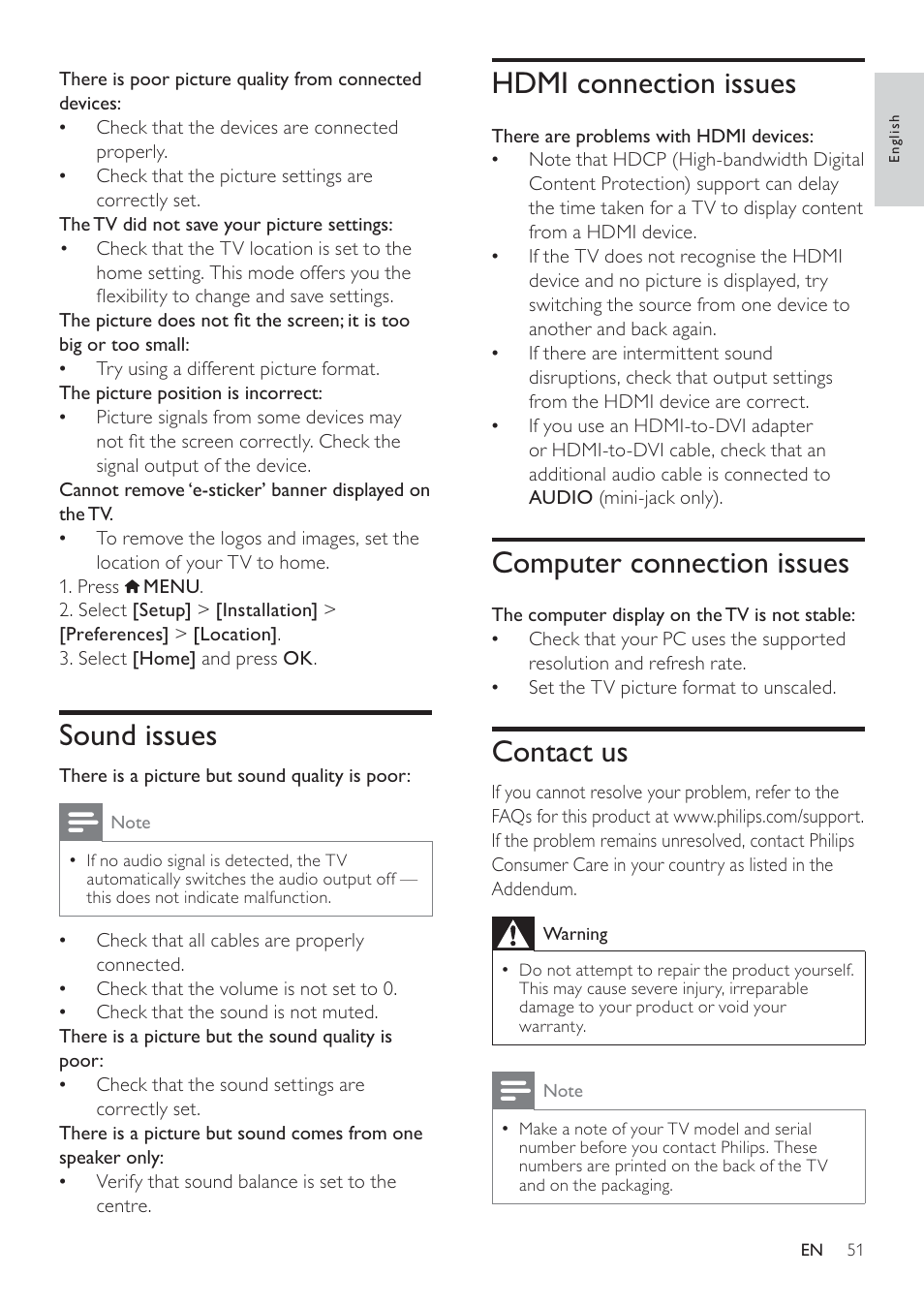 Hdmi connection issues, Computer connection issues, Contact us | Sound issues | Philips 19HFL3232D/10 User Manual | Page 53 / 56