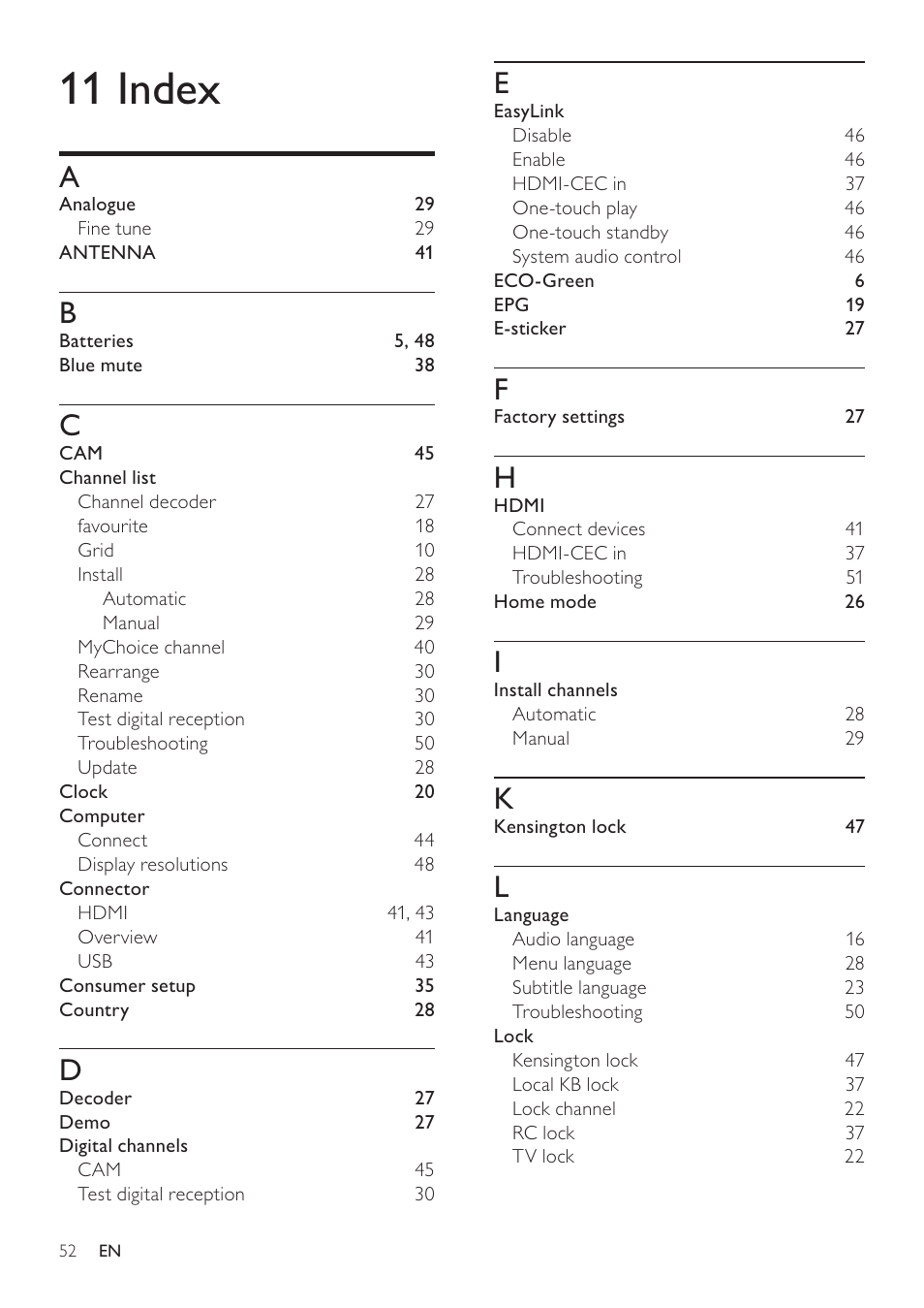 11 index | Philips 19HFL3232D/10 User Manual | Page 54 / 56