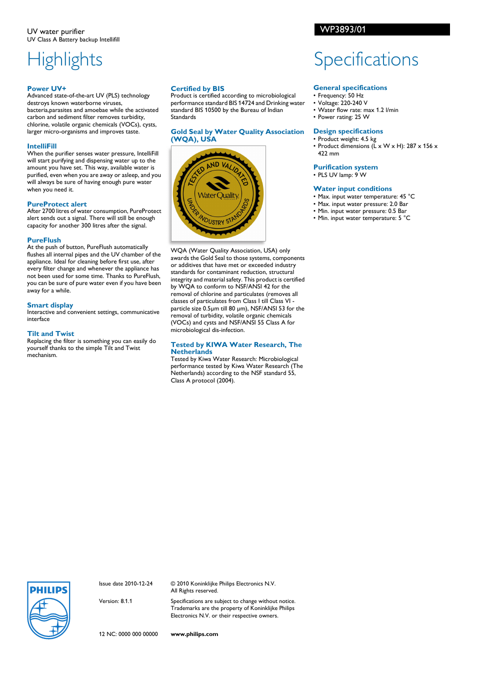 Highlights, Specifications | Philips WP3893/01 User Manual | Page 2 / 2