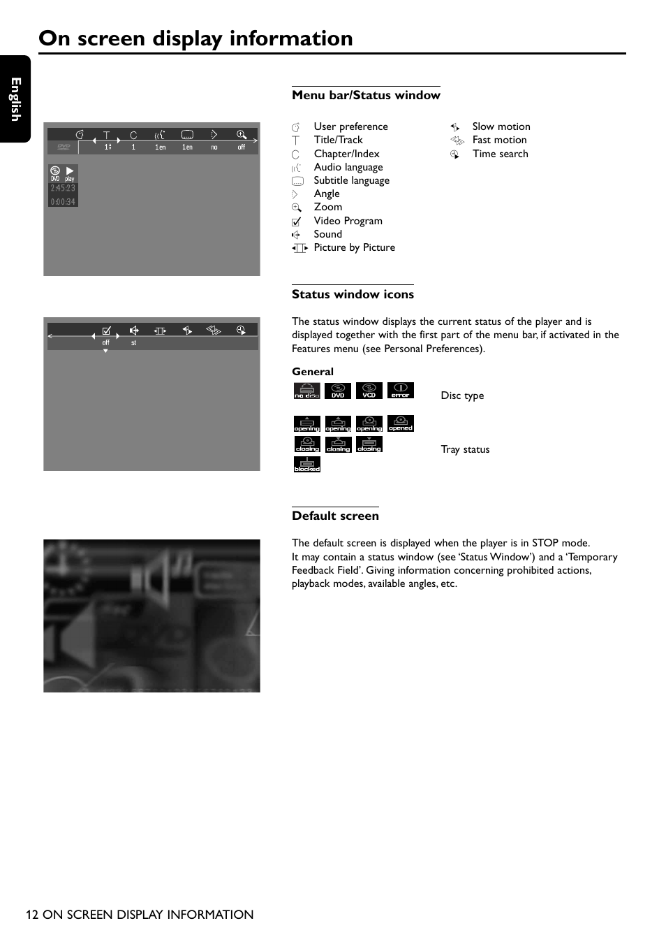 On screen display information, English | Philips DVD755/05 User Manual | Page 12 / 34