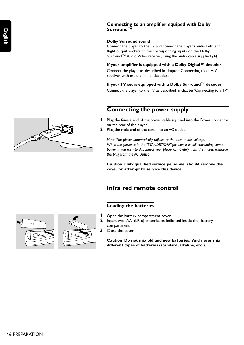 Connecting the power supply, Infra red remote control | Philips DVD755/05 User Manual | Page 16 / 34