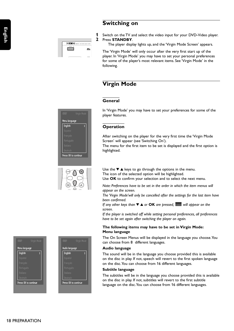 Switching on, Virgin mode, English | Philips DVD755/05 User Manual | Page 18 / 34