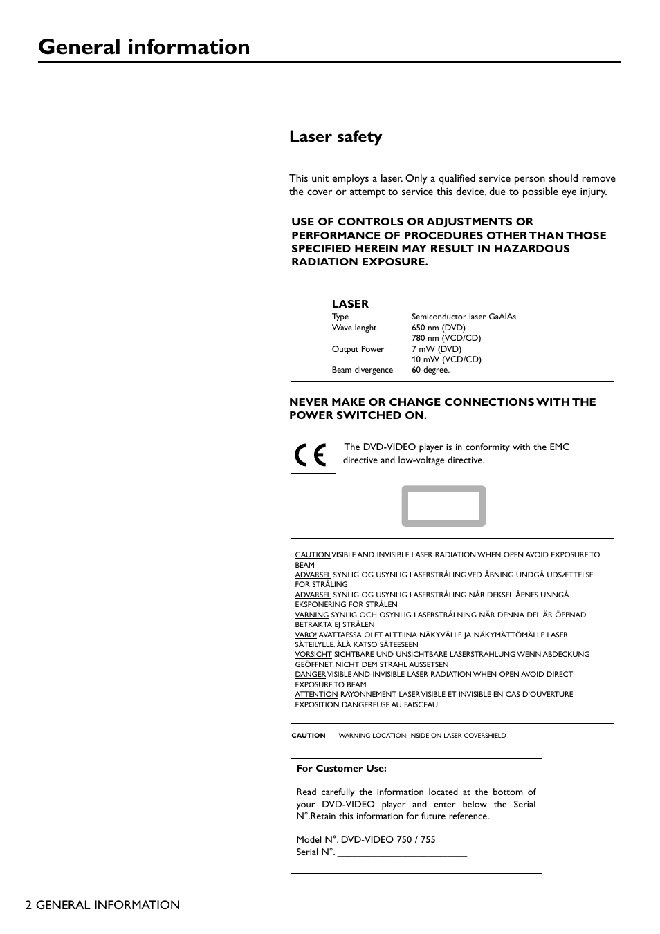 General information, Laser safety, 2 general information | Philips DVD755/05 User Manual | Page 2 / 34