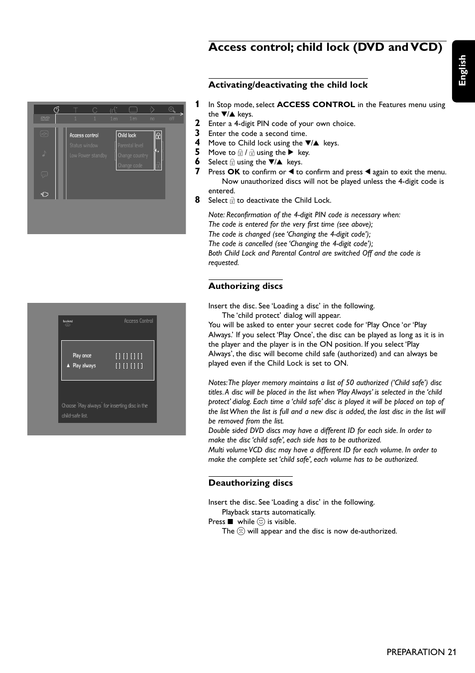 Access control; child lock (dvd and vcd) | Philips DVD755/05 User Manual | Page 21 / 34