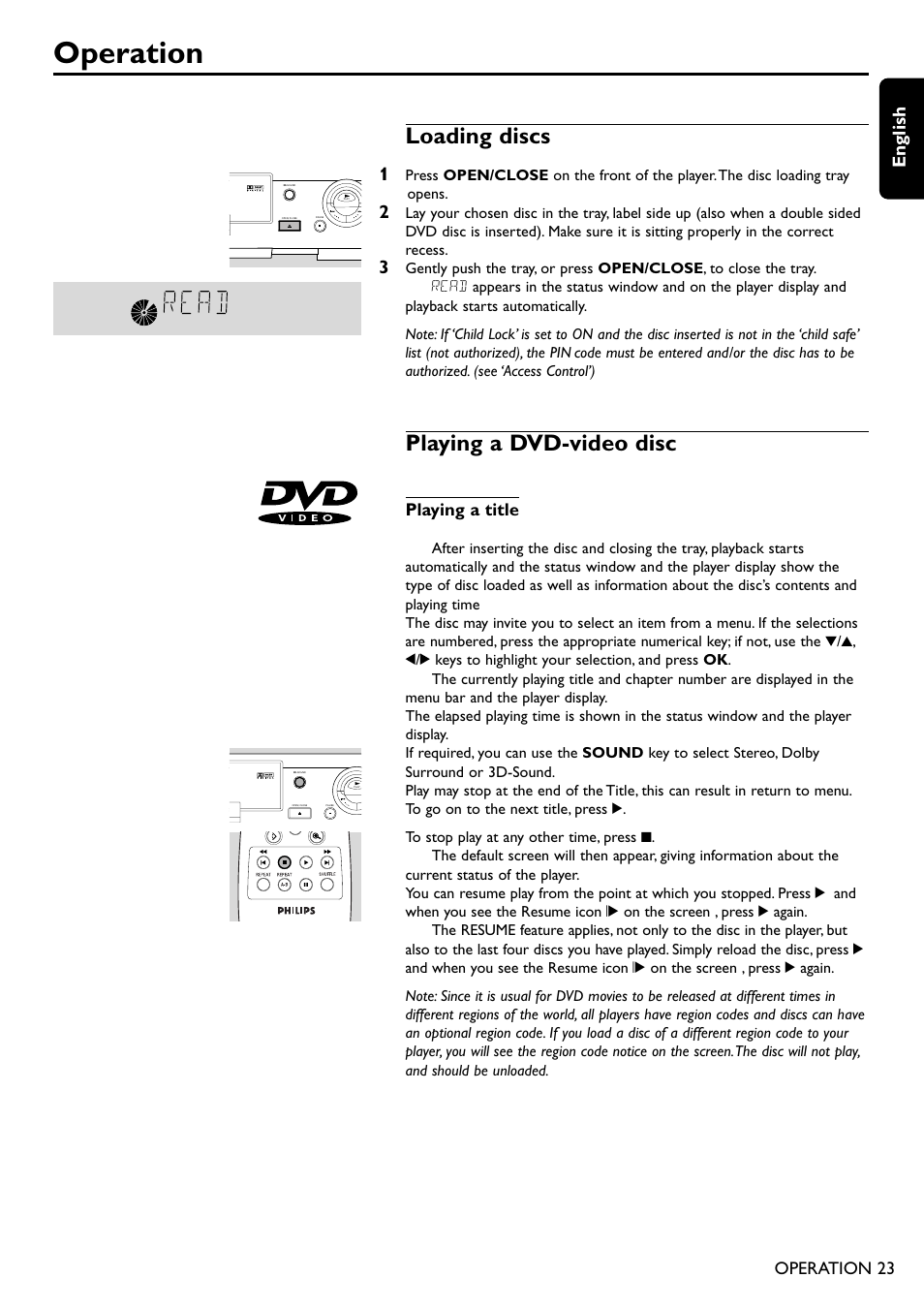 Operation, Loading discs, Playing a dvd-video disc | English, Operation 23, Playing a title | Philips DVD755/05 User Manual | Page 23 / 34