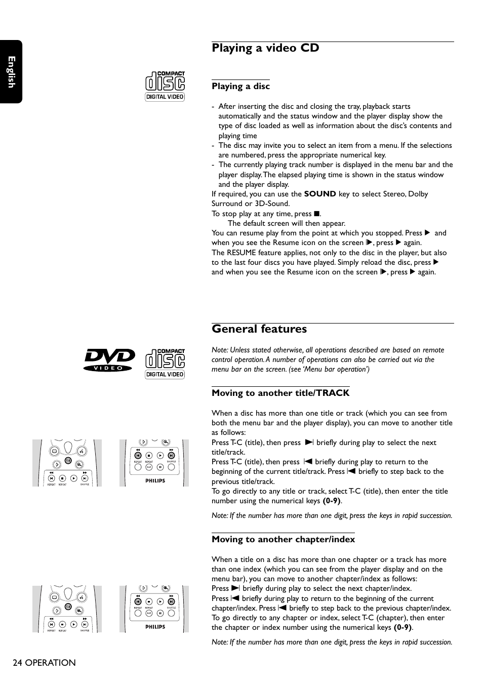 Playing a video cd, General features | Philips DVD755/05 User Manual | Page 24 / 34