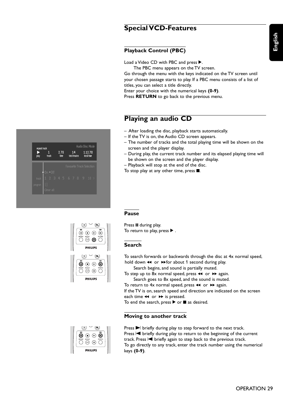 Special vcd-features, Playing an audio cd | Philips DVD755/05 User Manual | Page 29 / 34