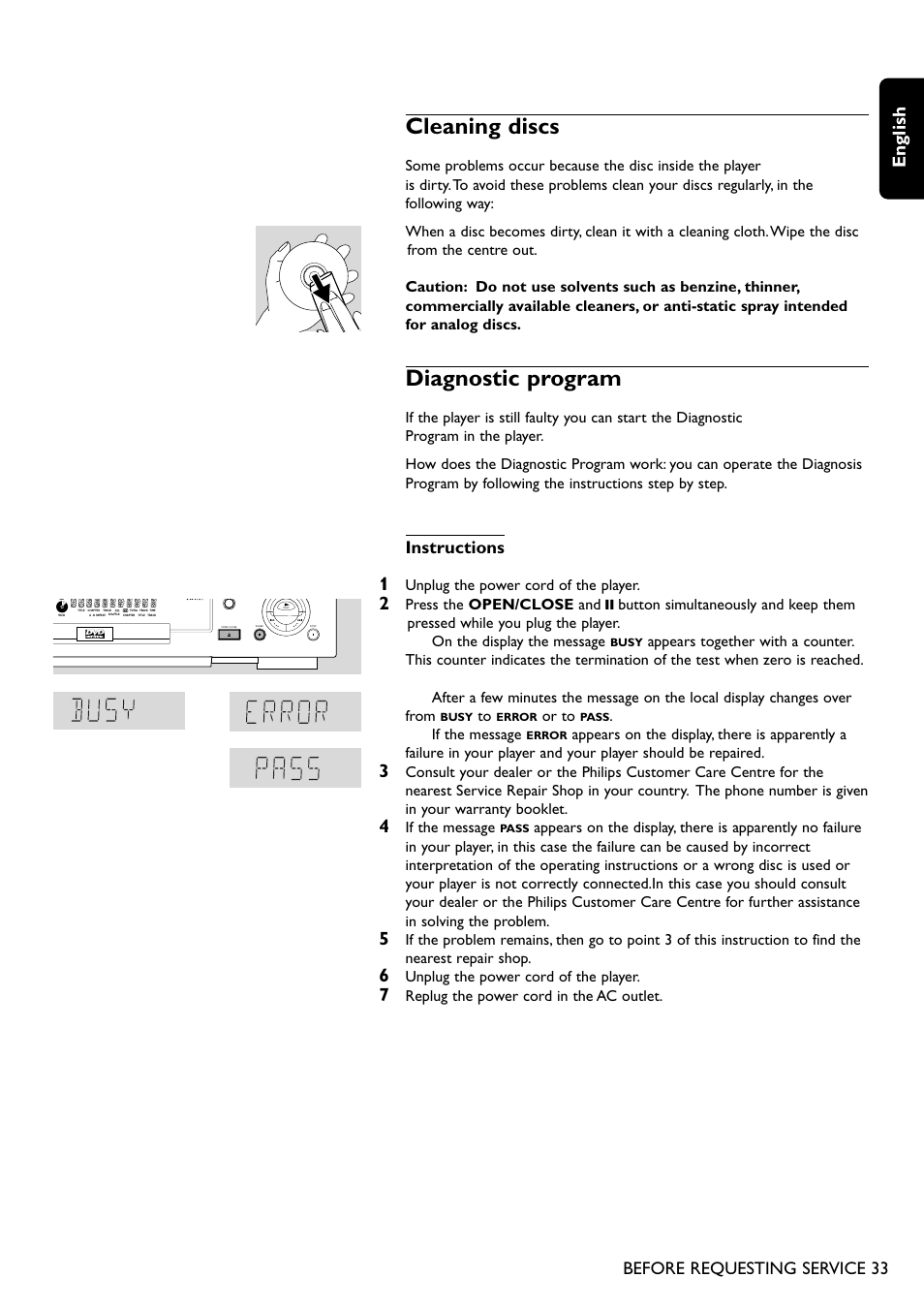 Cleaning discs, Diagnostic program, English | Instructions, Before requesting service 33, Unplug the power cord of the player, Or to, If the message, Replug the power cord in the ac outlet | Philips DVD755/05 User Manual | Page 33 / 34