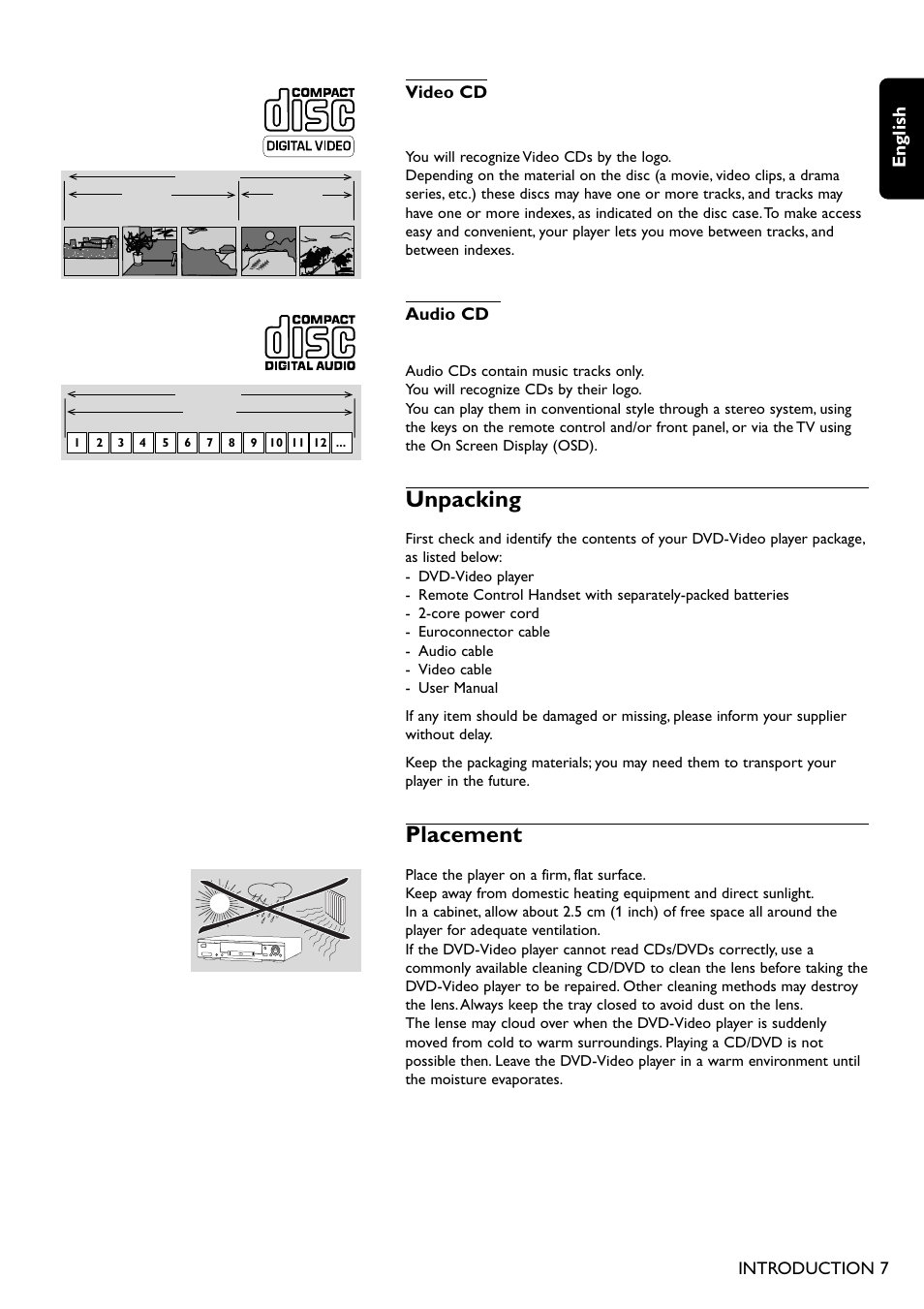 Unpacking, Placement, English | Video cd, Audio cd, Introduction 7 | Philips DVD755/05 User Manual | Page 7 / 34