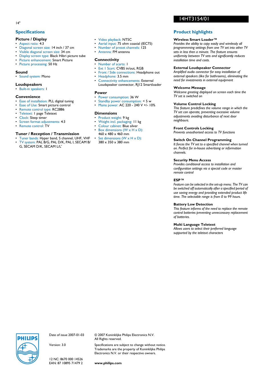 Philips 14HT3154 User Manual | Page 2 / 2