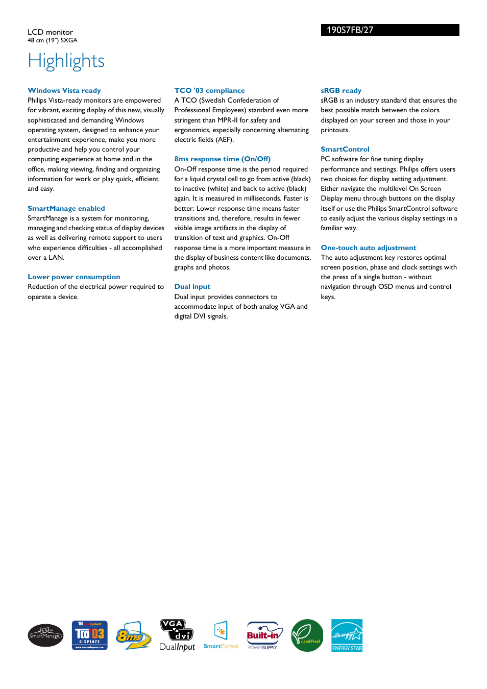 Highlights | Philips SXGA 190S7FB/27LCD User Manual | Page 2 / 3