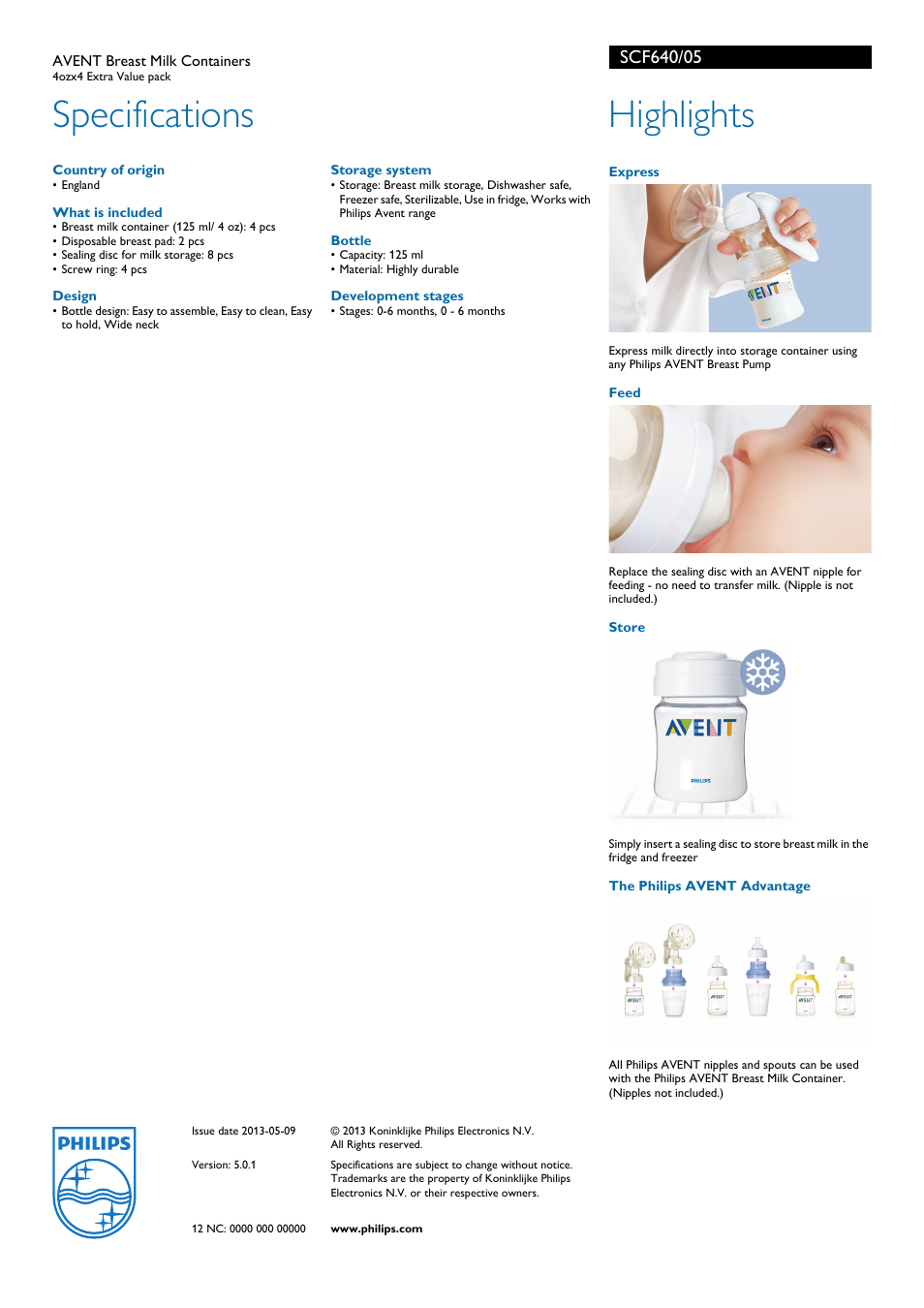 Specifications, Highlights | Philips Avent SCF640/05 User Manual | Page 2 / 2