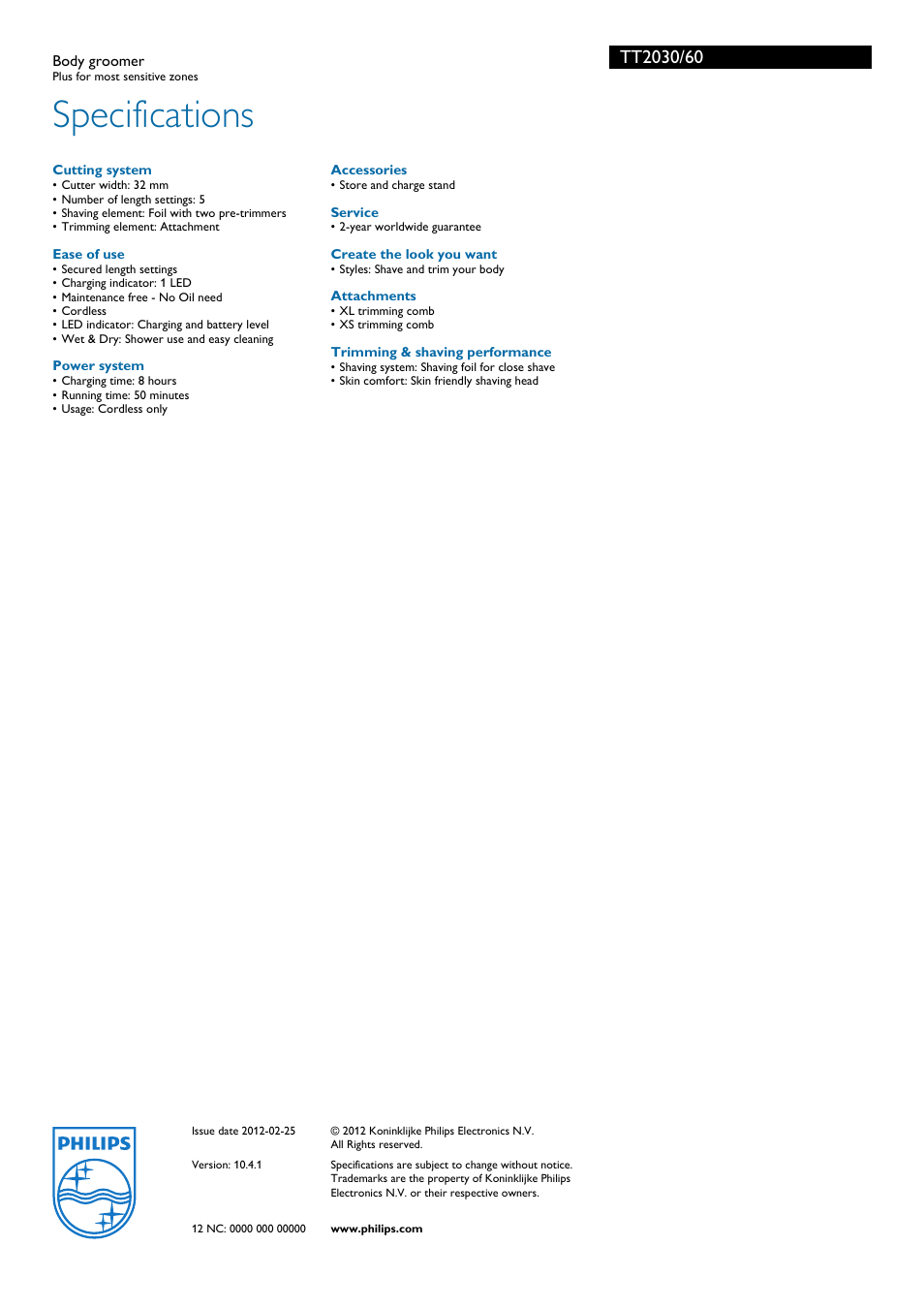 Specifications | Philips total body grooming system TT2030 User Manual | Page 3 / 3