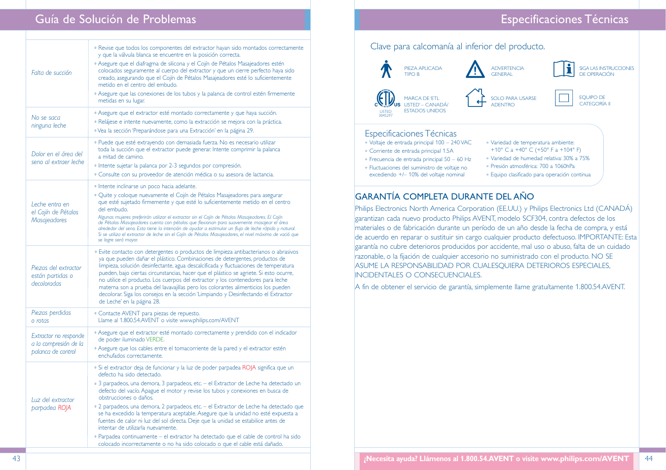 Especificaciones técnicas, Clave para calcomanía al inferior del producto, Garantía completa durante del año | Philips SCF304/02 User Manual | Page 23 / 34