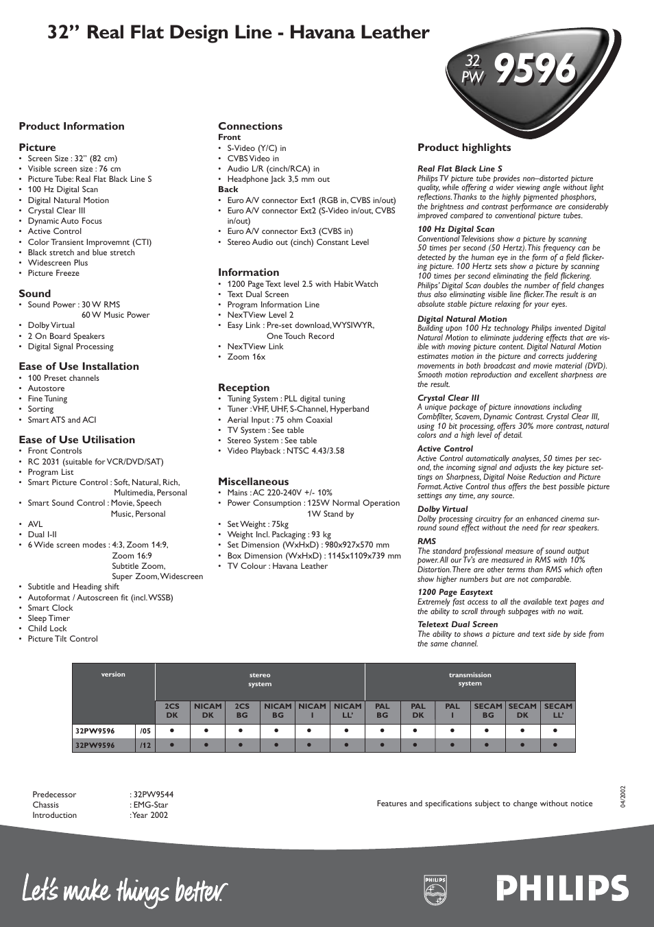 32” real flat design line - havana leather, 32 pw | Philips MATCH LINE 9596 User Manual | Page 2 / 2