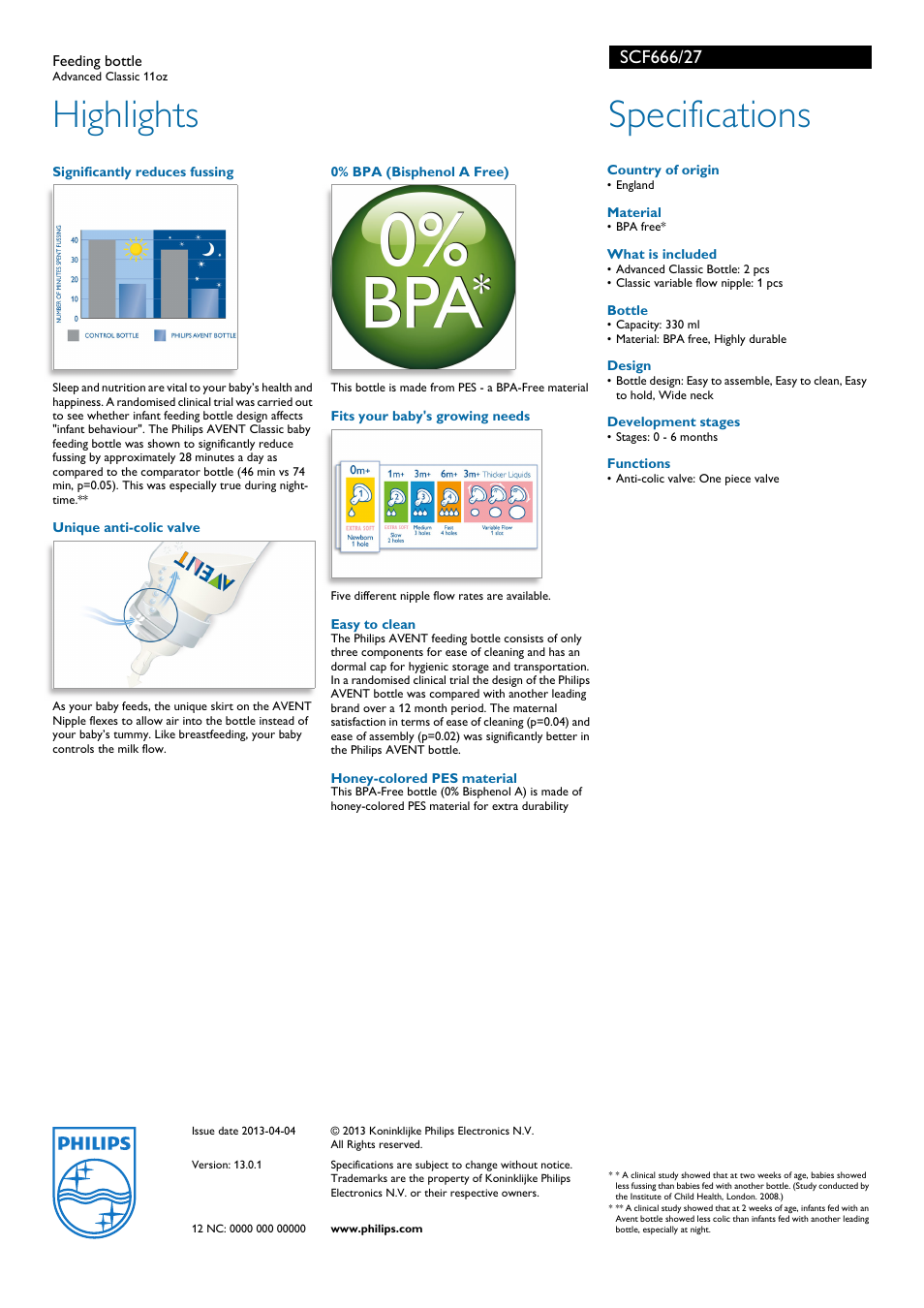 Highlights, Specifications | Philips AVENT SCF666 User Manual | Page 2 / 2