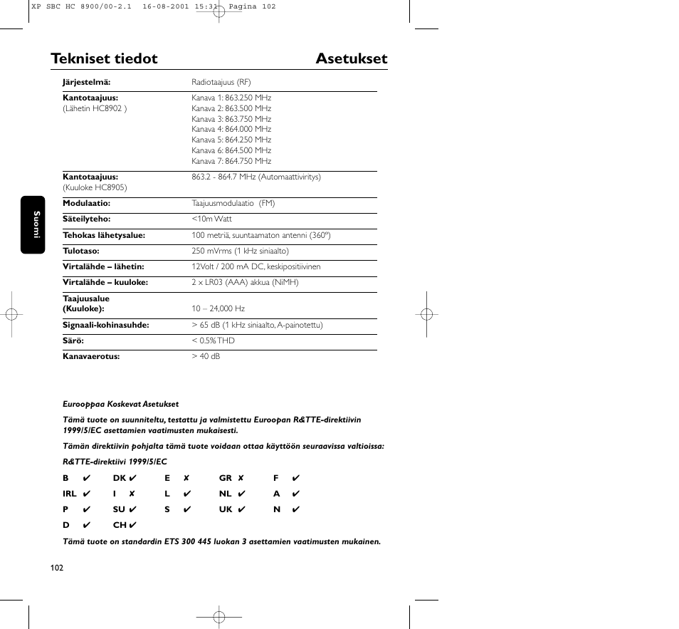 Tekniset tiedot asetukset | Philips MICROLUX HC8900 User Manual | Page 102 / 149
