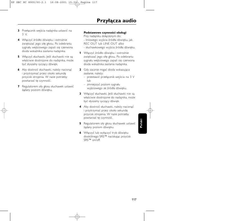 Przyłącza audio | Philips MICROLUX HC8900 User Manual | Page 117 / 149