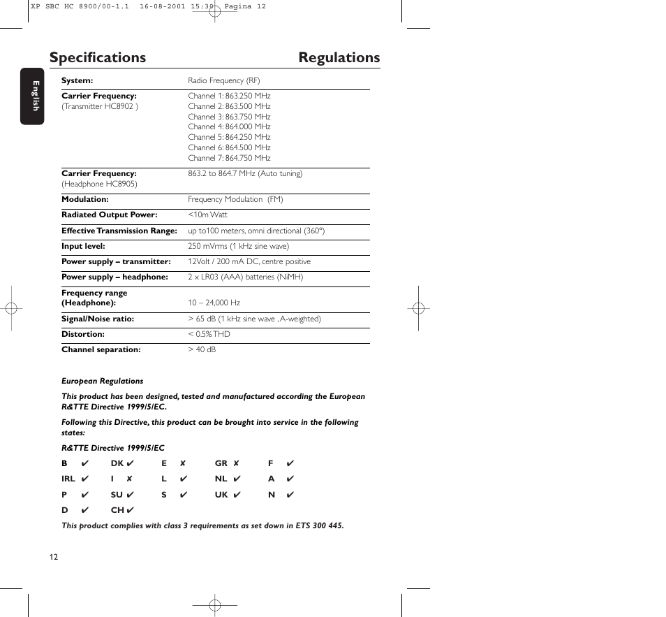 Specifications regulations | Philips MICROLUX HC8900 User Manual | Page 12 / 149