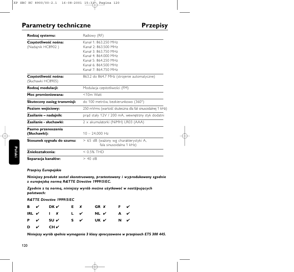 Parametry techniczne przepisy | Philips MICROLUX HC8900 User Manual | Page 120 / 149