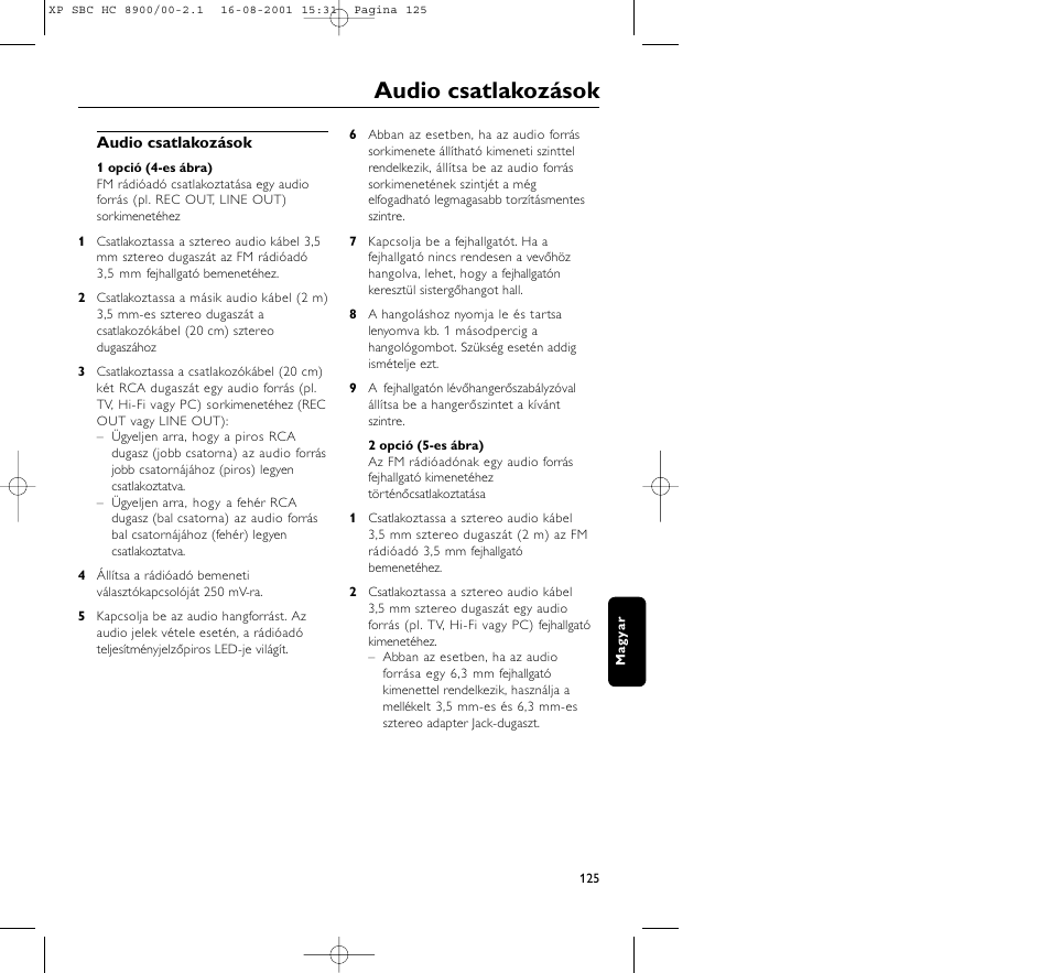 Audio csatlakozások | Philips MICROLUX HC8900 User Manual | Page 125 / 149