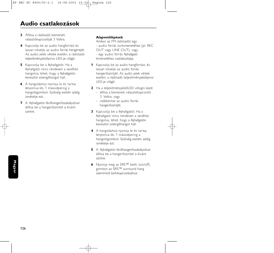 Audio csatlakozások | Philips MICROLUX HC8900 User Manual | Page 126 / 149
