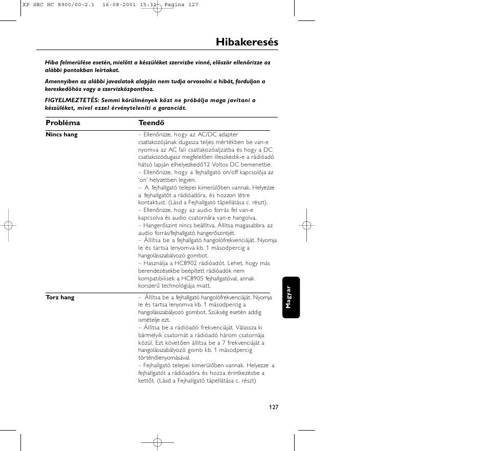 Hibakeresés | Philips MICROLUX HC8900 User Manual | Page 127 / 149