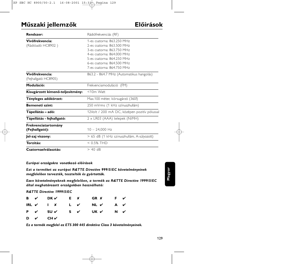 Műszaki jellemzők előírások | Philips MICROLUX HC8900 User Manual | Page 129 / 149