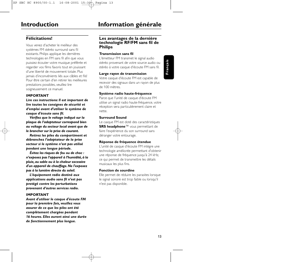 Introduction information générale | Philips MICROLUX HC8900 User Manual | Page 13 / 149