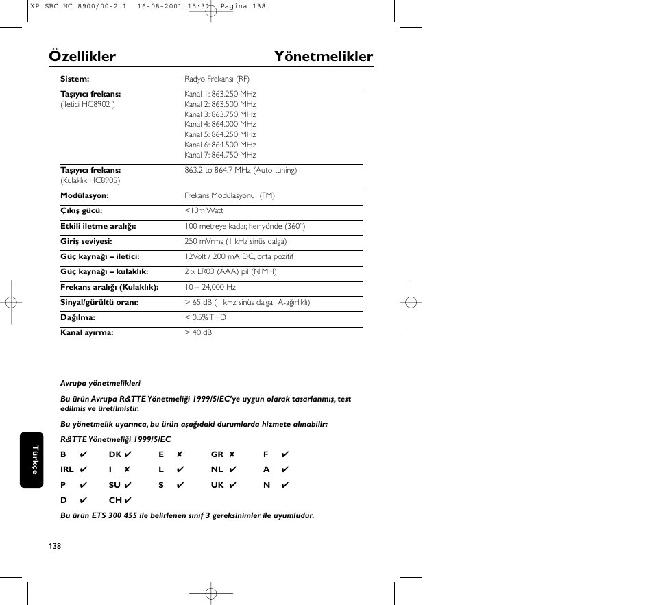 Özellikler yönetmelikler | Philips MICROLUX HC8900 User Manual | Page 138 / 149