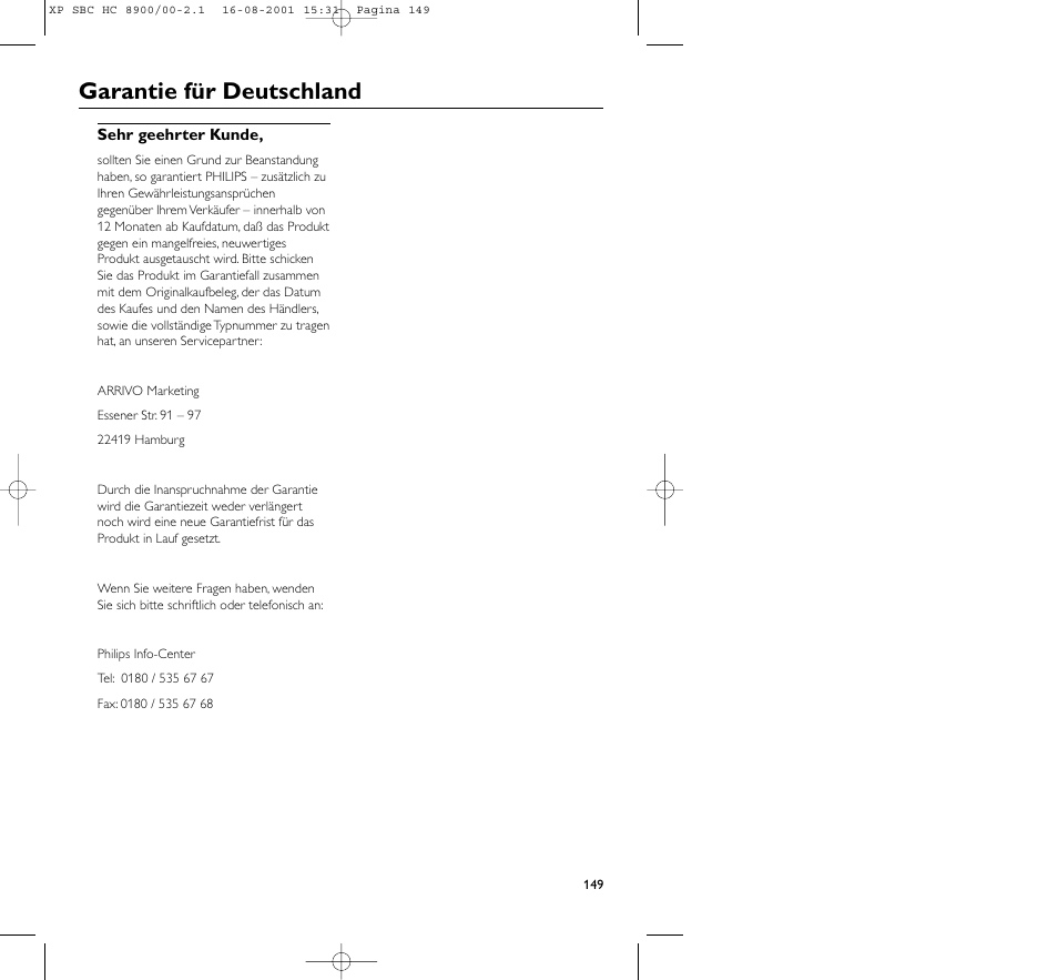 Garantie für deutschland | Philips MICROLUX HC8900 User Manual | Page 148 / 149