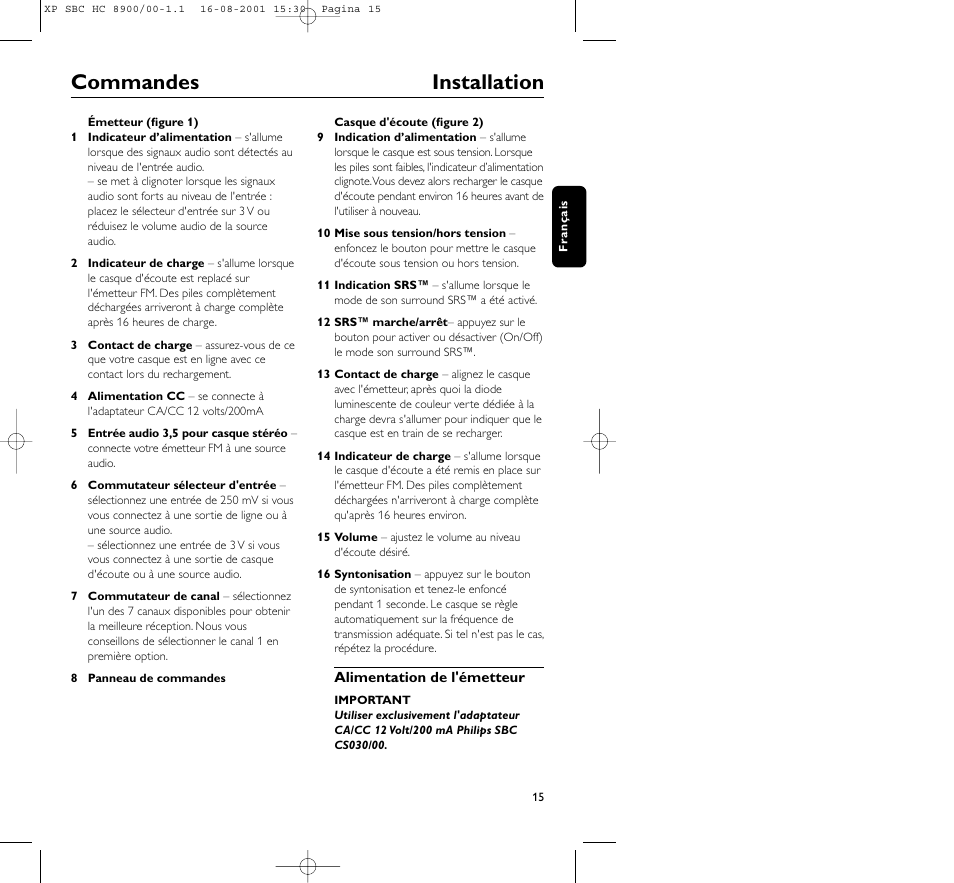 Commandes installation | Philips MICROLUX HC8900 User Manual | Page 15 / 149