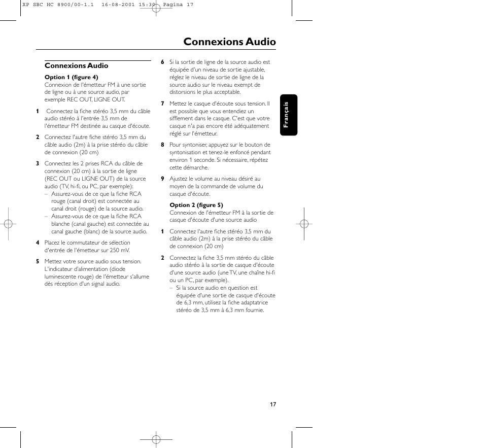 Connexions audio | Philips MICROLUX HC8900 User Manual | Page 17 / 149