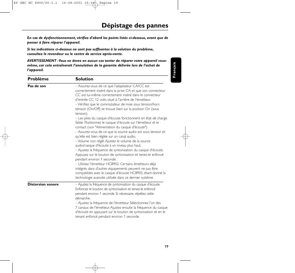 Dépistage des pannes | Philips MICROLUX HC8900 User Manual | Page 19 / 149