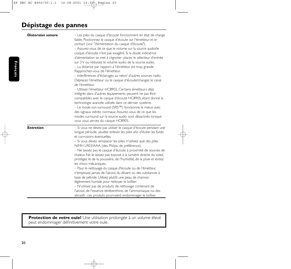 Dépistage des pannes | Philips MICROLUX HC8900 User Manual | Page 20 / 149