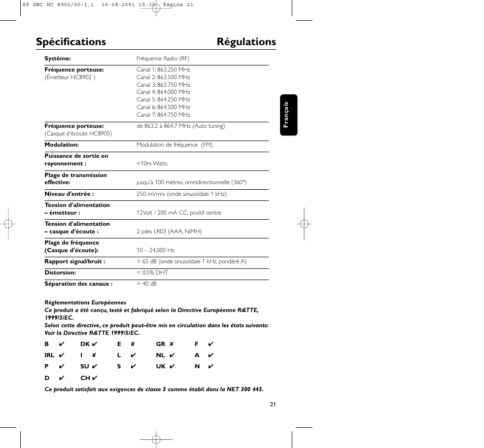 Spécifications régulations | Philips MICROLUX HC8900 User Manual | Page 21 / 149