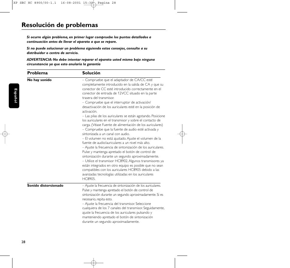 Resolución de problemas | Philips MICROLUX HC8900 User Manual | Page 28 / 149