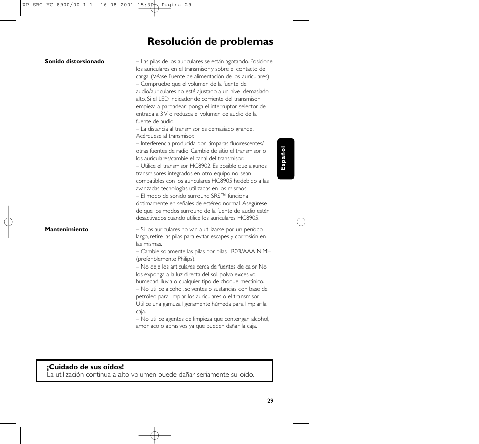 Resolución de problemas | Philips MICROLUX HC8900 User Manual | Page 29 / 149