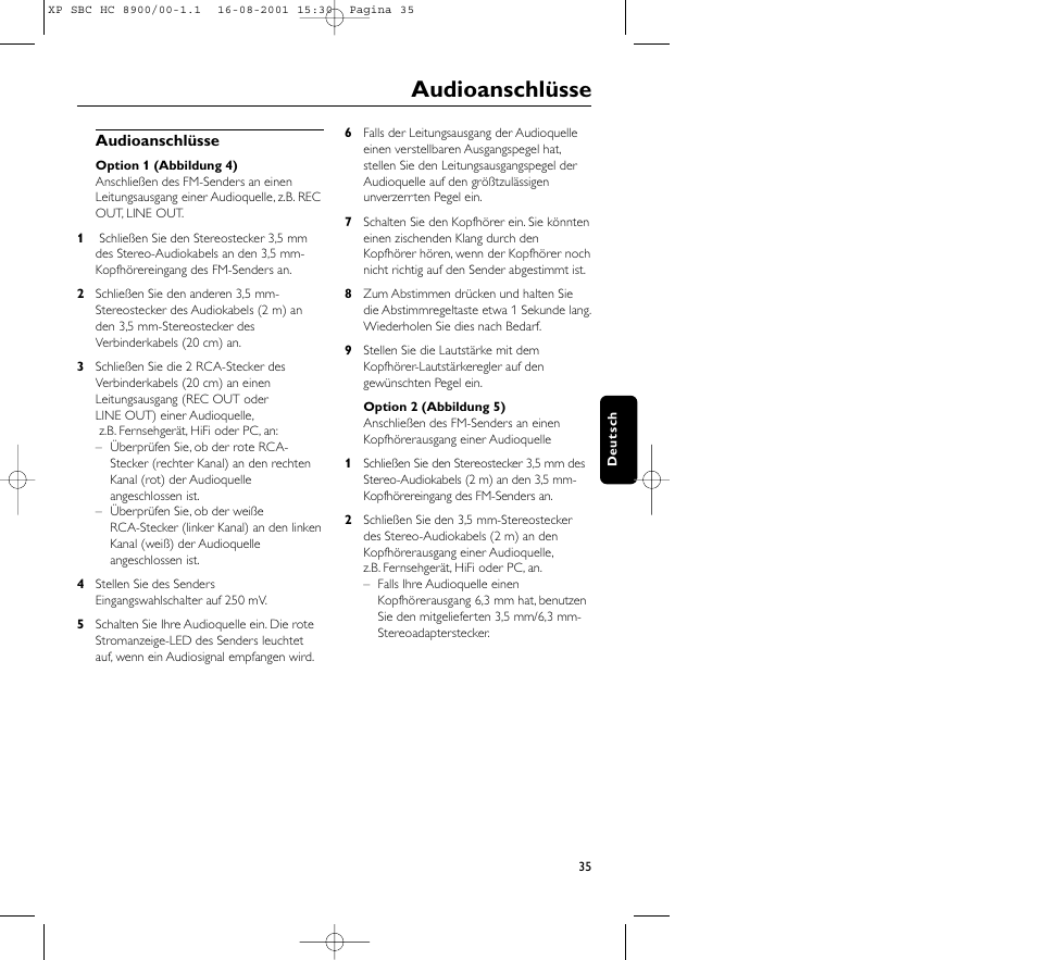 Audioanschlüsse | Philips MICROLUX HC8900 User Manual | Page 35 / 149