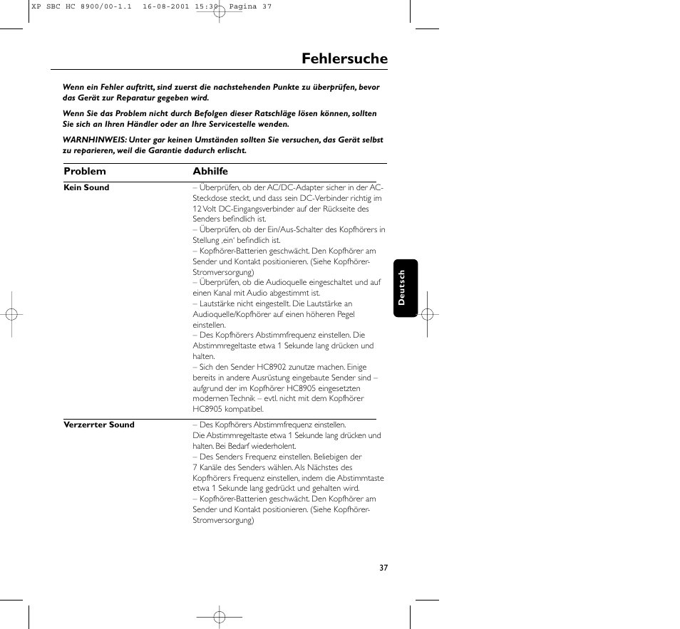 Fehlersuche | Philips MICROLUX HC8900 User Manual | Page 37 / 149