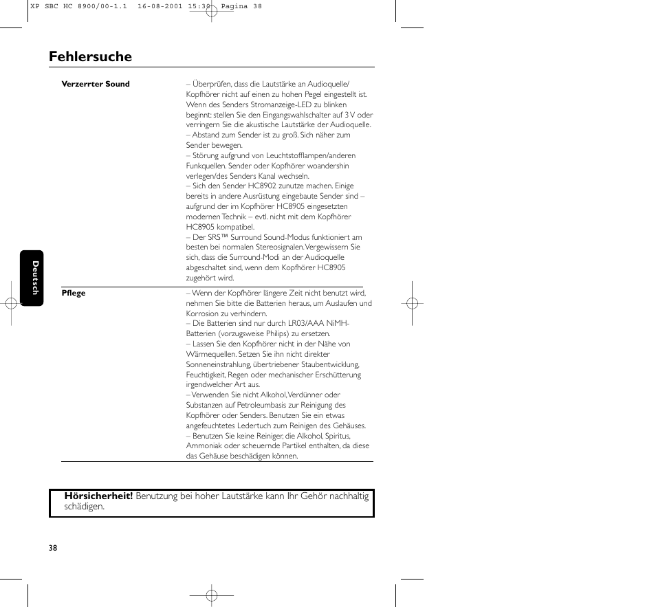 Fehlersuche | Philips MICROLUX HC8900 User Manual | Page 38 / 149