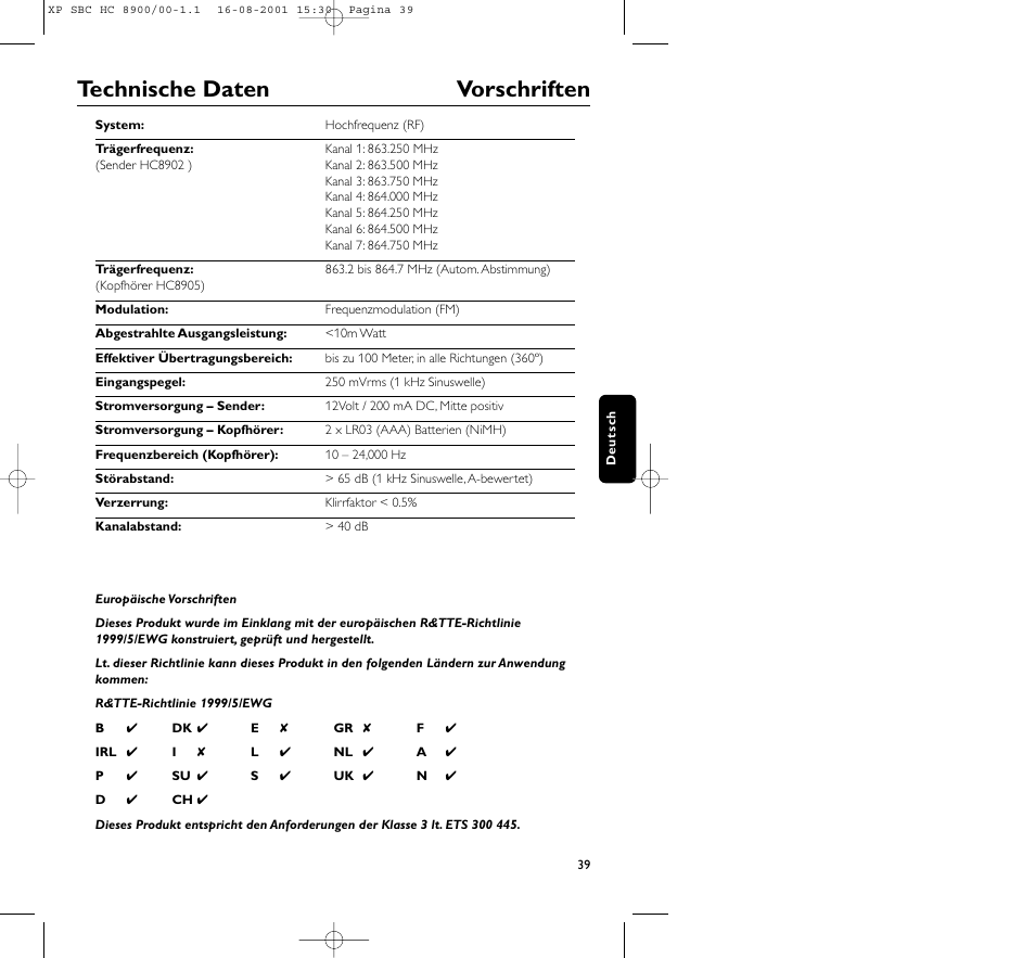 Technische daten vorschriften | Philips MICROLUX HC8900 User Manual | Page 39 / 149