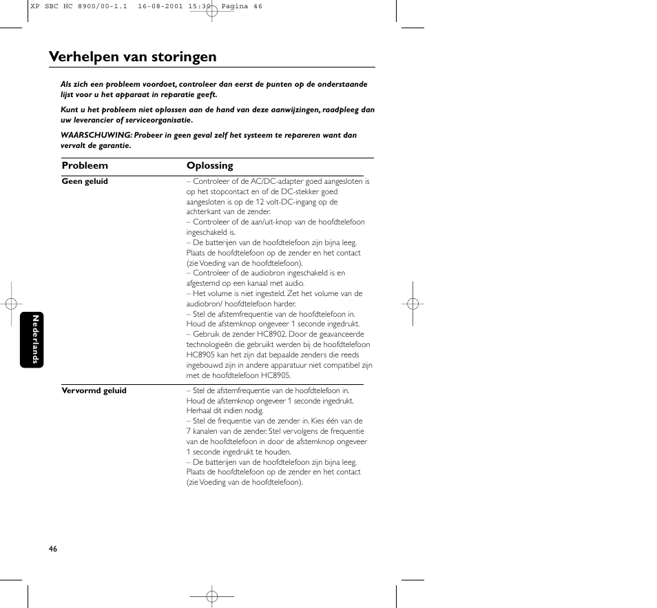 Verhelpen van storingen | Philips MICROLUX HC8900 User Manual | Page 46 / 149