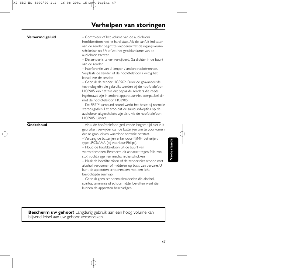 Verhelpen van storingen | Philips MICROLUX HC8900 User Manual | Page 47 / 149